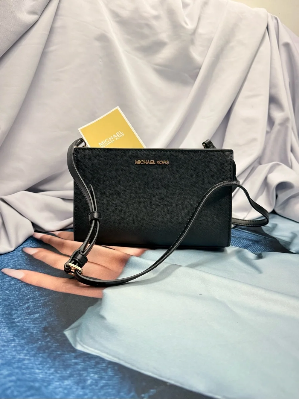 (new+tag) Michael Kors Sheila Black Saffiano Leather Crossbody Bag 8 x 5.25 inch